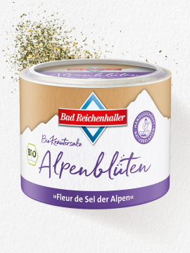 Bio-Kräutersalz ALPENBLÜTEN - "Fleur de Sel der Alpen" 80 g Dose 