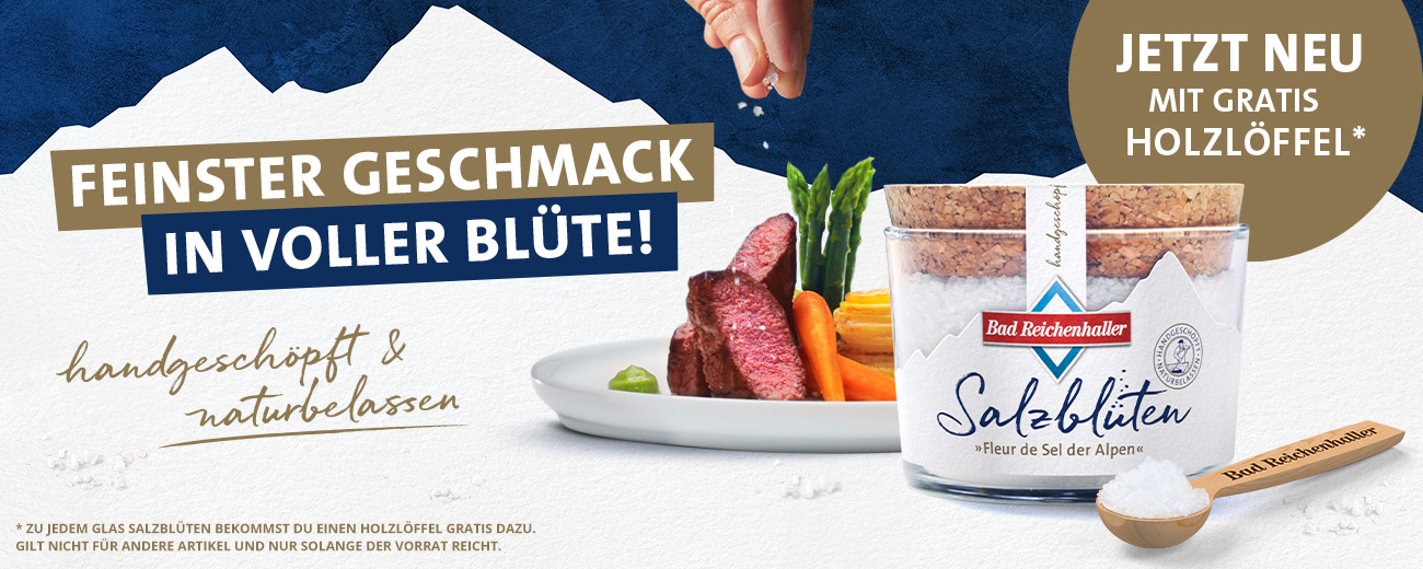 Salzblüten - Feinster Geschmack in voller Blüte handgeschöpft und naturbelassen. Mit gratis Holzlöffel* * Beim Kauf von mindestens einem Glas Salzblüten bekommst du pro Bestellung einen Holzlöffel gratis dazu. Gilt nur solange der Vorrat reicht.